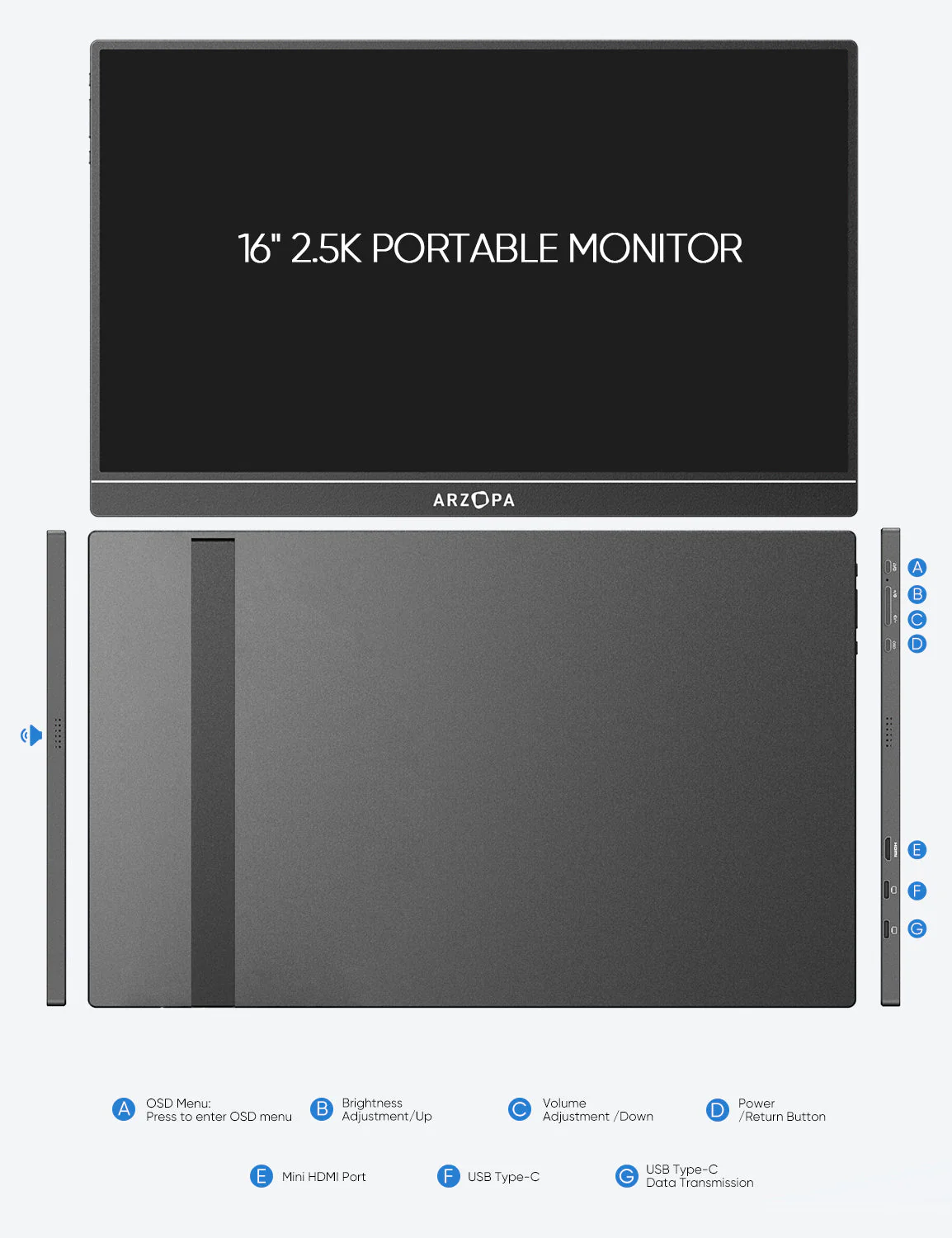 Arzopa Z1RC | 16" 2.5K Portable Monitor with 350nits 8bit Display - Image 11